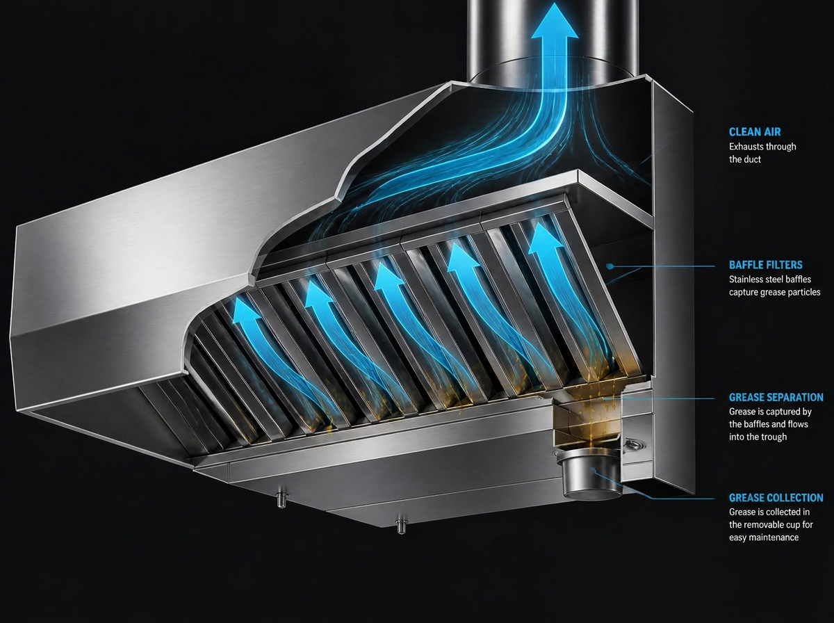 Cross-section of an Airxtracta canopy showing baffle filters and airflow paths